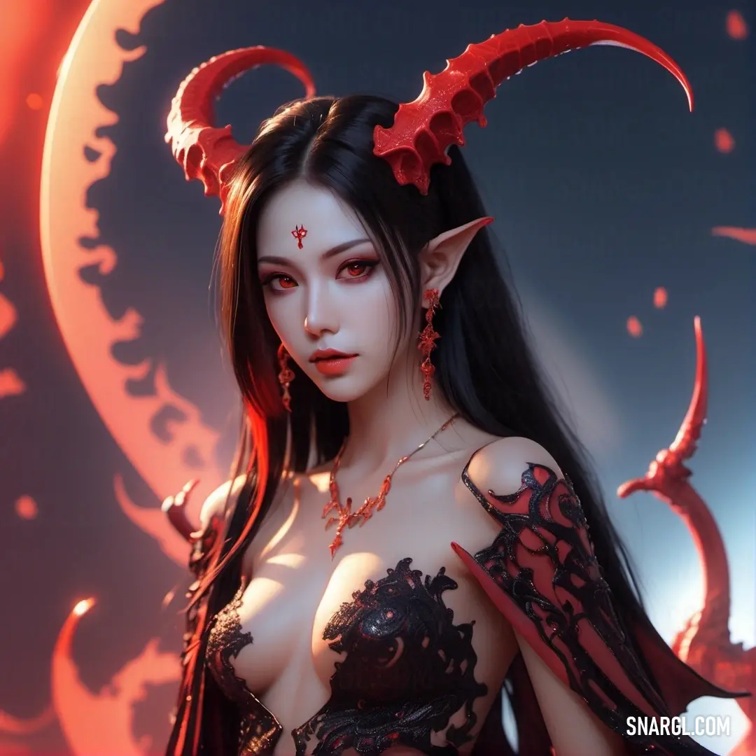 Succubus with horns and a demon outfit on is posing for a picture in front of a red background