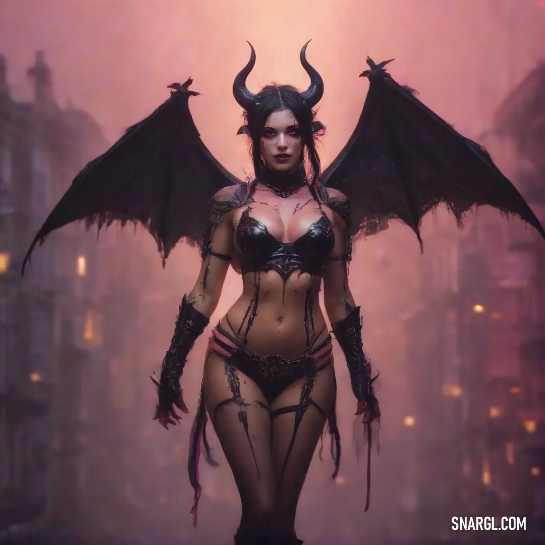 Succubus with horns and wings on her body in a city street at night with a demon like outfit