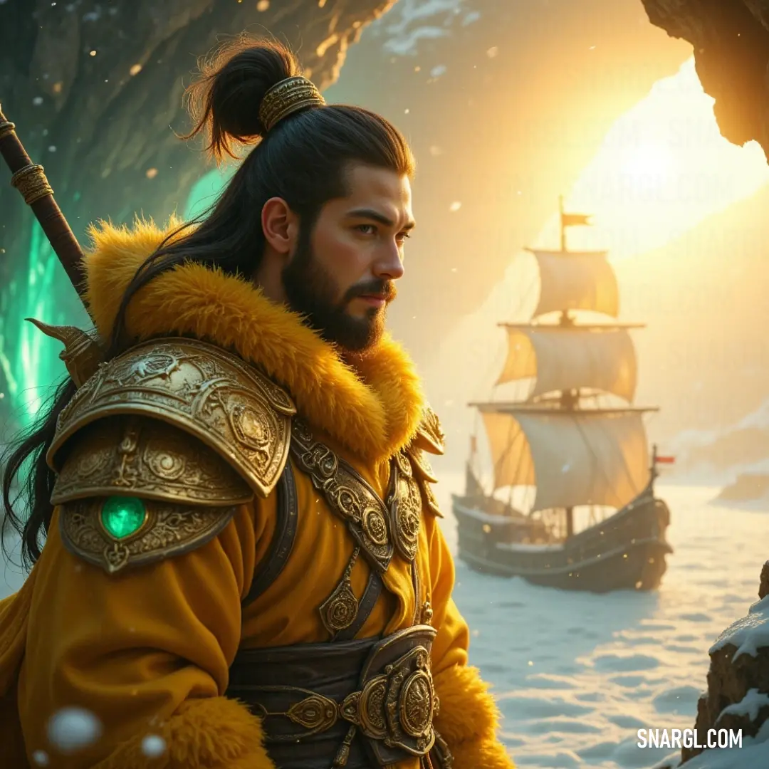 Suiren in a bright yellow outfit, standing in a snowy landscape illuminated by a magical green light. Suiren appears in a vibrant yellow outfit, standing gracefully before a snow-draped boat, illuminated by a mysterious green glow, evoking a mystical ambiance within a winter wonderland.