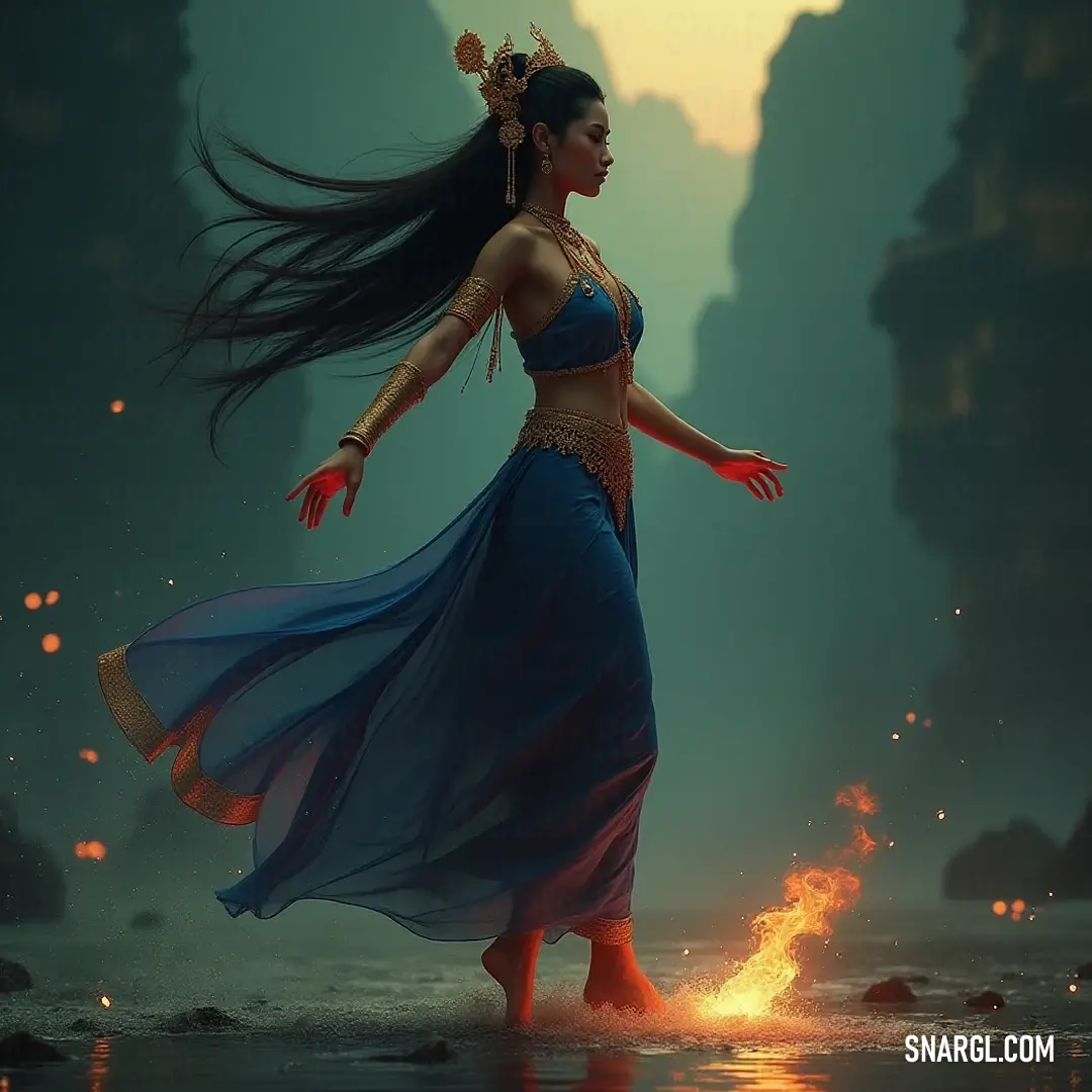 A radiant dancer in a blue dress embraces the magical atmosphere of the beach, with flickering flames and a castle painting a stunning backdrop. A captivating scene of a woman in an exquisite blue dress dancing joyfully on a sandy beach, framed by flickering flames in the water and a picturesque castle rising majestically in the background, creating a fairy tale atmosphere.