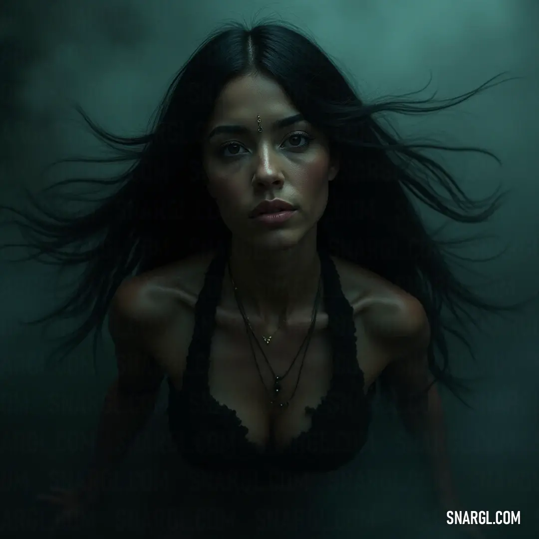 A serene figure submerged in dark waters, her long hair cascading gracefully as she captures the enigmatic beauty of the underwater world. In the stillness of deep water, a woman adorned in a delicate bra top and necklace glimmers softly, her long hair flowing like waves, creating an ethereal moment encapsulated in tranquil depths.