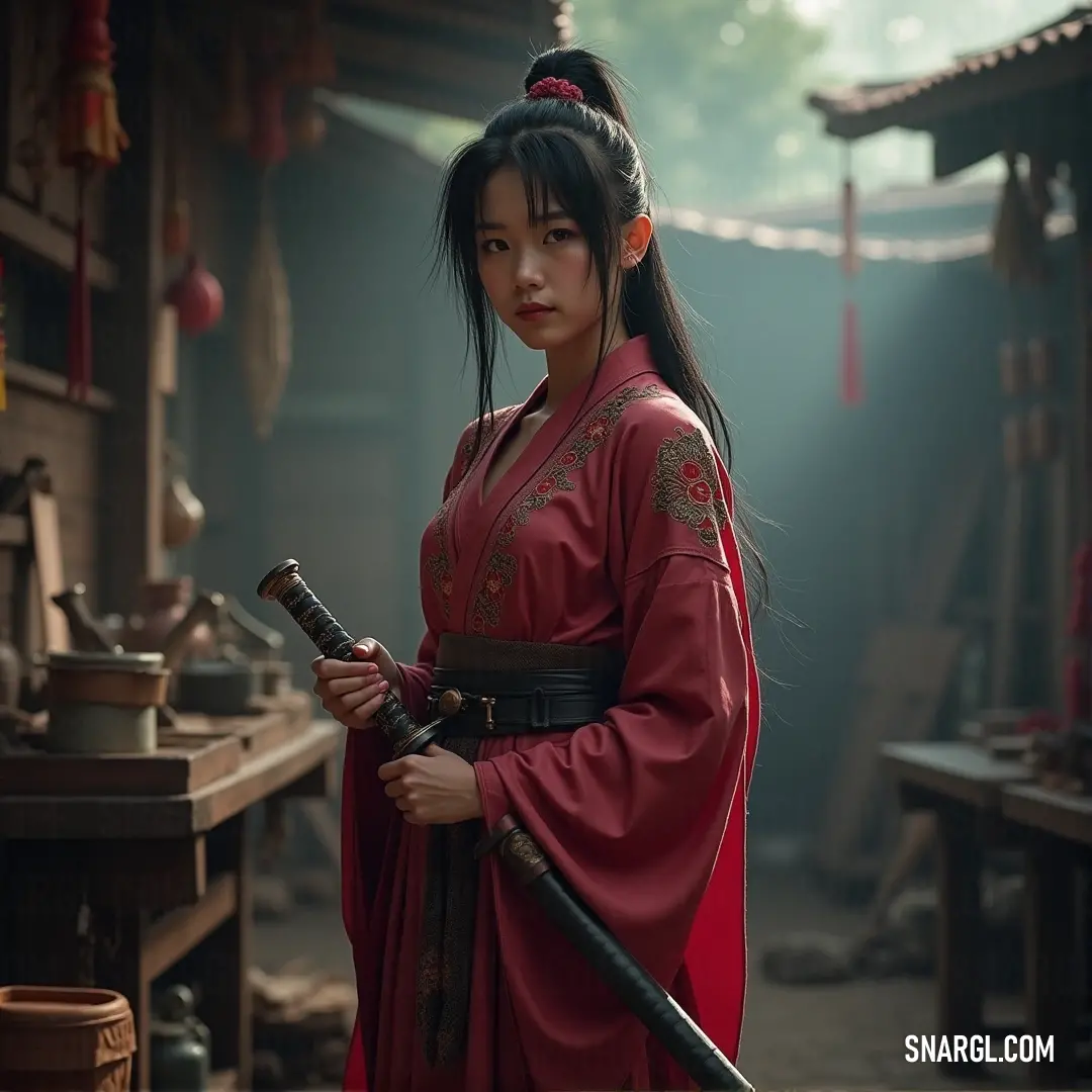 Sumire, in a red dress, grips her sword as shadows play across the room filled with mysterious artifacts. Sumire, dressed in a striking red dress, holds a sword in one hand, standing in a room scattered with artifacts. The light from the window shines through, casting dramatic shadows on the floor and hinting at the presence of something ancient and powerful