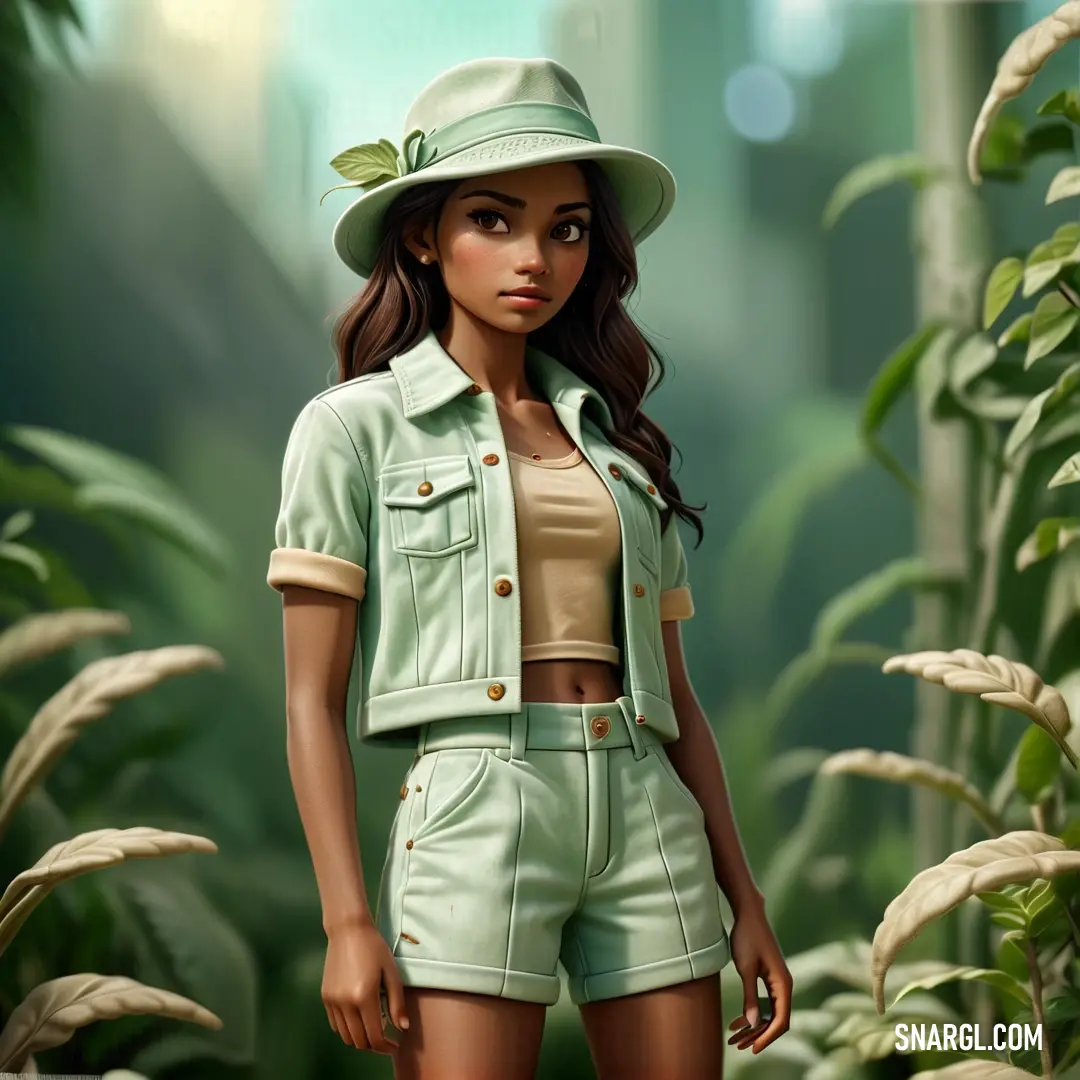 Digital painting of a woman in a green hat and shorts in a jungle setting with tall grass