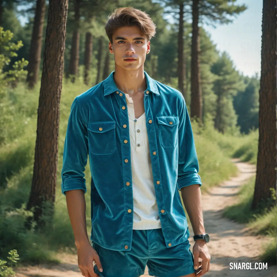 Man in blue shorts and a white shirt standing in the woods with his hands in his pockets