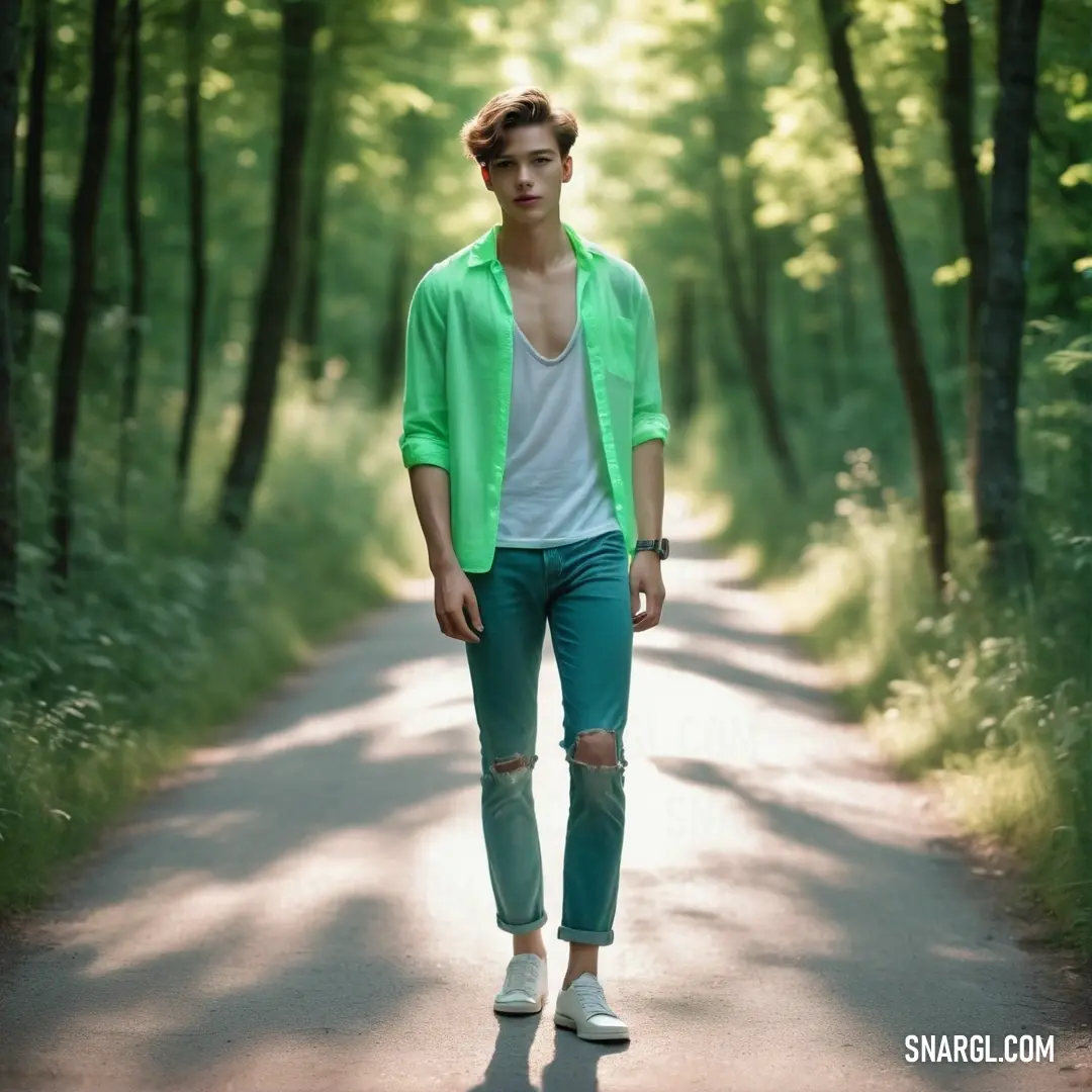 Man standing on a road in the middle of a forest wearing a green jacket and jeans and white shoes