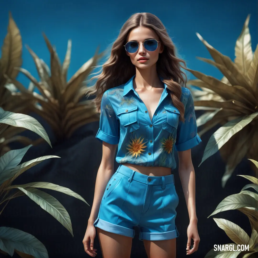 Woman in a blue shirt and shorts is walking through a field of leaves and plants with sunglasses on