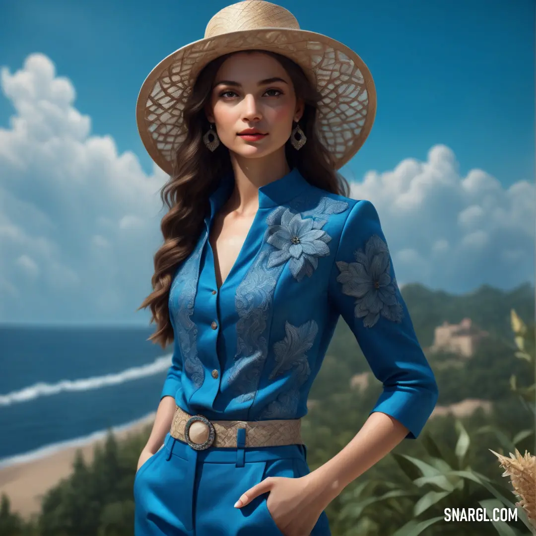 Woman in a blue suit and hat standing in front of a painting of a beach and ocean