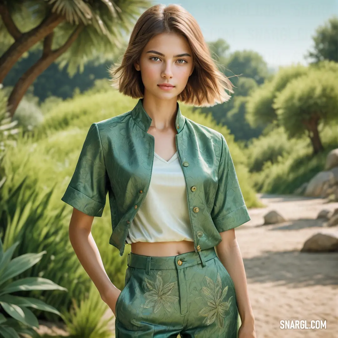 Woman in a green jacket and shorts standing in a park with a palm tree in the background