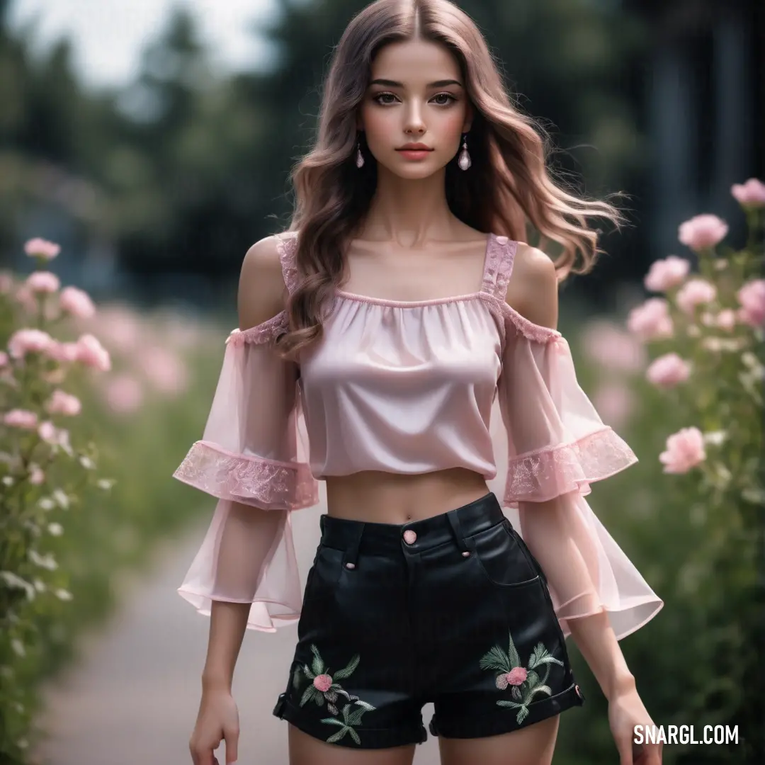 Woman in a pink top and black shorts walking down a path with flowers in the background and a pink rose bush