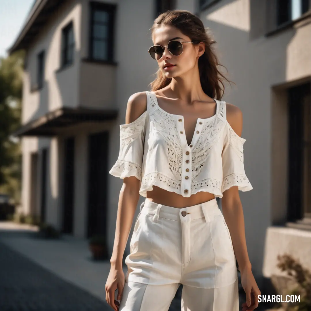 Woman in white pants and a crop top standing in front of a house with a black bag and sunglasses