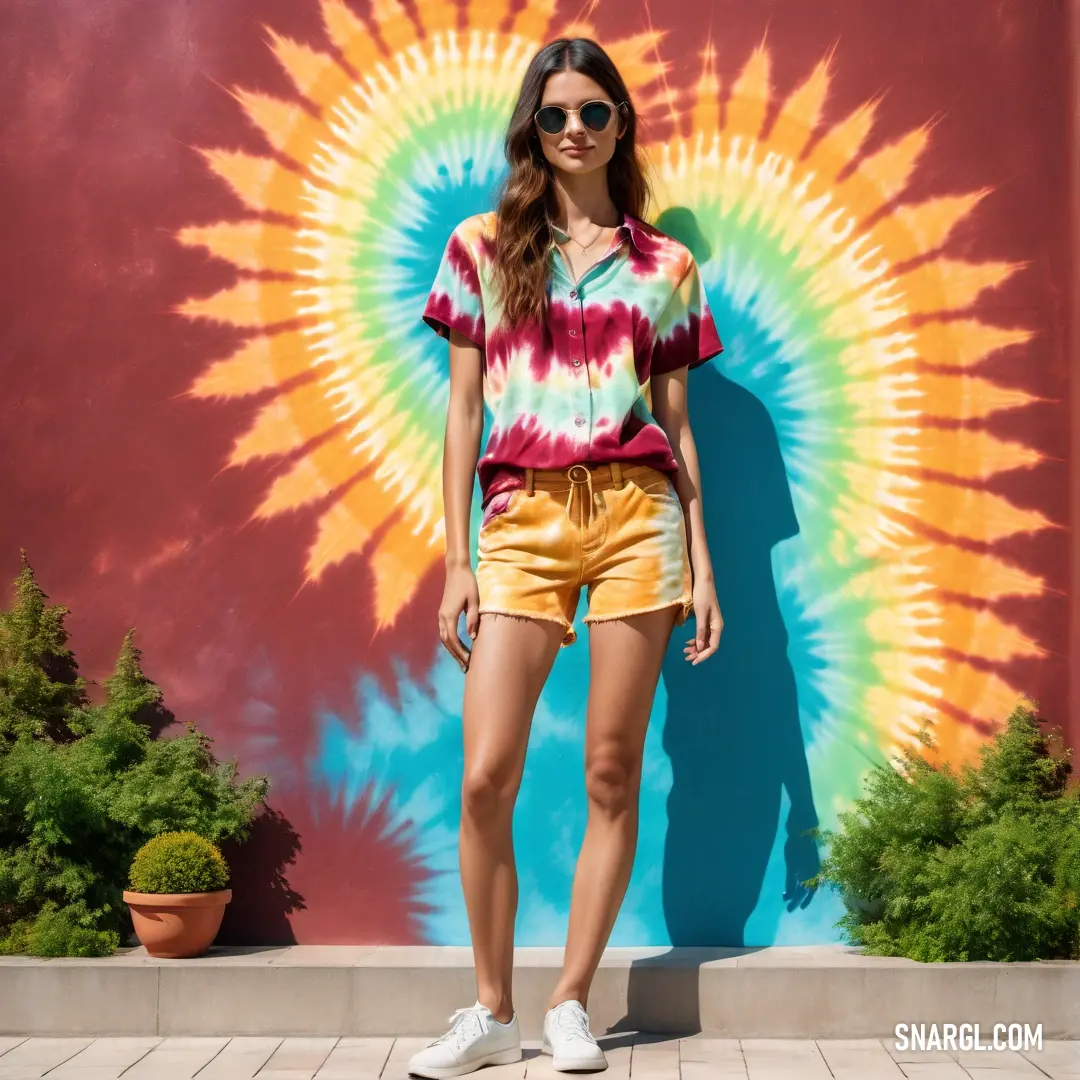 Woman standing in front of a tie - dyed wall wearing sunglasses and a colorful shirt