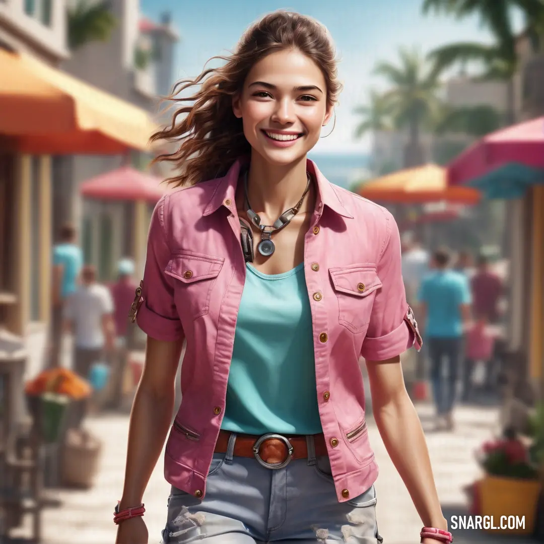 Woman walking down a street with a pink shirt on and a necklace on her neck