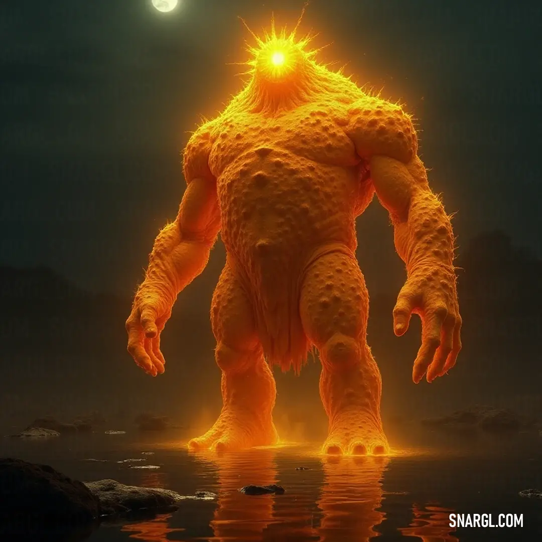 Under the watchful gaze of a full moon, the Giant Sun Golem stands proud, its form mirrored in the water, radiating an otherworldly grandeur that connects the earth to the celestial skies. The Giant Sun Golem graces a tranquil water scene, its silhouette majestic against a luminous full moon, embodying the harmony of nature as its powerful form reflects in the calm surface.