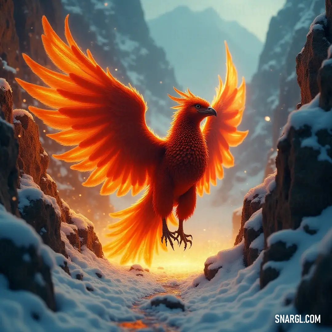 Sunbird Phoenix with radiant orange wings, standing gracefully in a snowy wonderland surrounded by majestic mountains. A stunning Sunbird Phoenix with vibrant orange wings stands resolutely in a wintry landscape, flanked by towering mountains and rugged rocks that hint at a world filled with adventure and discovery.