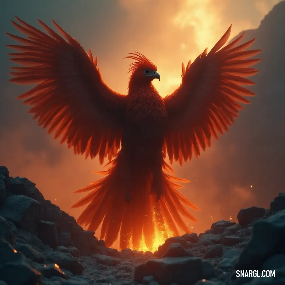 Sunbird Phoenix spread its wings in front of a vibrant sunset, surrounded by dramatic rock formations. A breathtaking Sunbird Phoenix, wings outstretched in a glorious display, basks in the warm hues of a sunset, framed by craggy rocks that illustrate the grandeur of the natural realm.