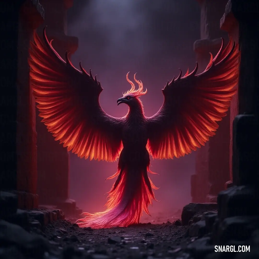 Majestic sunbird flaunting radiant red feathers in a doorway, wings spread wide, casting a mesmerizing glow in the darkness. A magnificent sunbird with vibrant red plumage stands majestically in a doorway. Its wings are stretched wide, illuminating the dark night with an ethereal glow, creating a striking contrast against the shadows surrounding it.