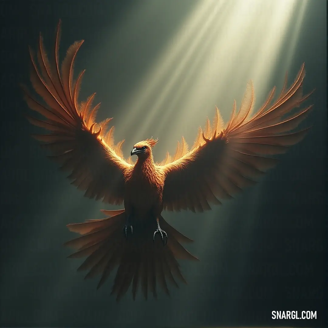 Sunbird in flight with wings spread wide, illuminated by beams of light streaming through its wings. A majestic Sunbird, its wings wide open, soars through the air with beams of light streaming through its wings. A powerful beam of light shines from above, accentuating the bird’s radiant beauty and ethereal presence.