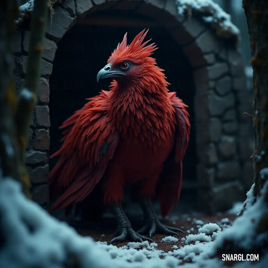 A striking red sunbird is nestled within a snowy cave, surrounded by a pristine white blanket of snow covering the ground and rocks. The ancient brick archway adds a rustic charm to the serene winter scene.