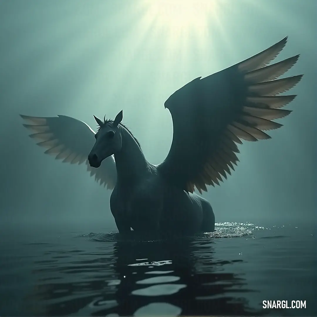 The Sunclaw with wings stands majestically in foggy waters, its wings wide and wingspan glowing with the soft warmth of sunlight filtering through the morning mist. A stunning Sunclaw with wings stands calmly in a shallow, misty water, its wings fully spread as sunlight pierces through the fog, casting a mystical glow around its submerged body.
