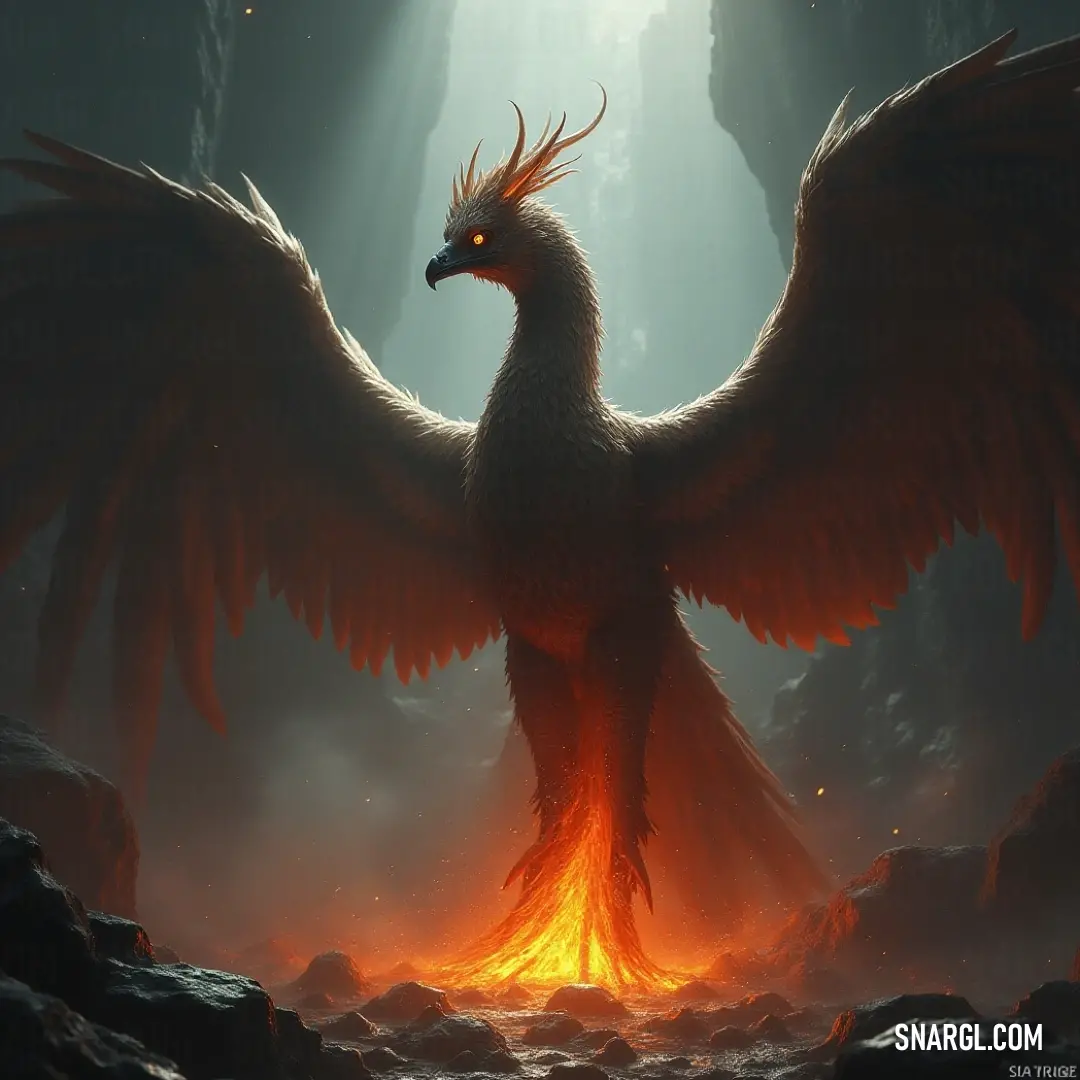 A powerful figure with majestic wings stands in a fiery cave, surrounded by molten lava and sharp rocks. The intensity of the scene highlights strength and resilience, as the figure commands the space with its presence.