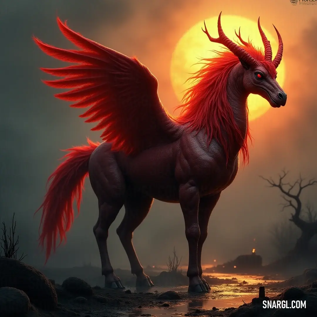 The ethereal Red Sunfire soars through a lush field, wings wide as the sun sets, creating a striking contrast against the vibrant landscape, embodying beauty and freedom in harmony with nature. Bathed in the warm glow of a sunset, the Red Sunfire with its expansive wings is captured in a moment of grace amidst a tranquil field, where the gentle breeze carries the whispers of nature's symphony.