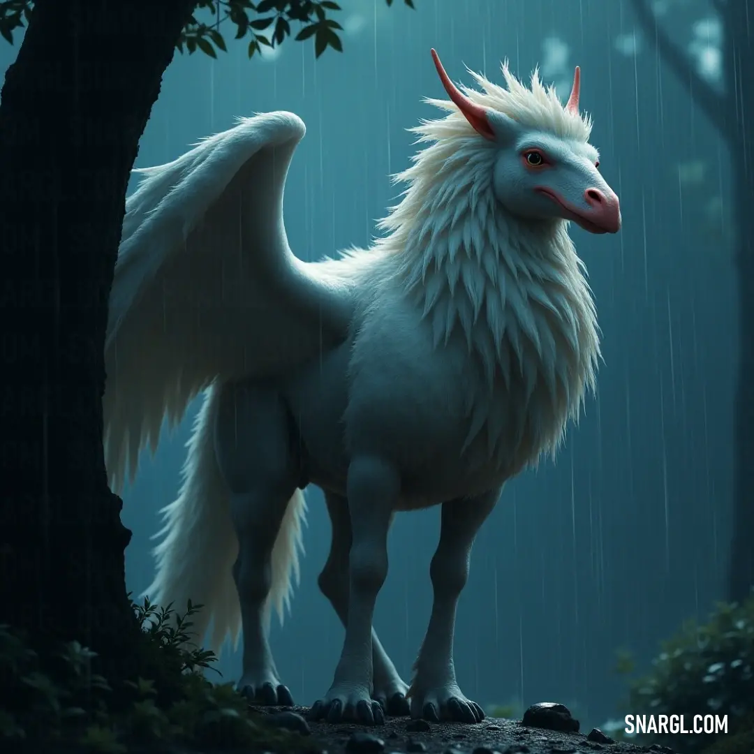 A delightful White Sunfire with wings unfurled stands in the rain, showcasing a cheerful red nose, bringing a whimsical spirit to the rainy day. A charming White Sunfire, with its wings spread wide, stands joyfully in the rain, adorned with a playful red nose, embodying a scene of fun and whimsy against a backdrop of soft droplets.