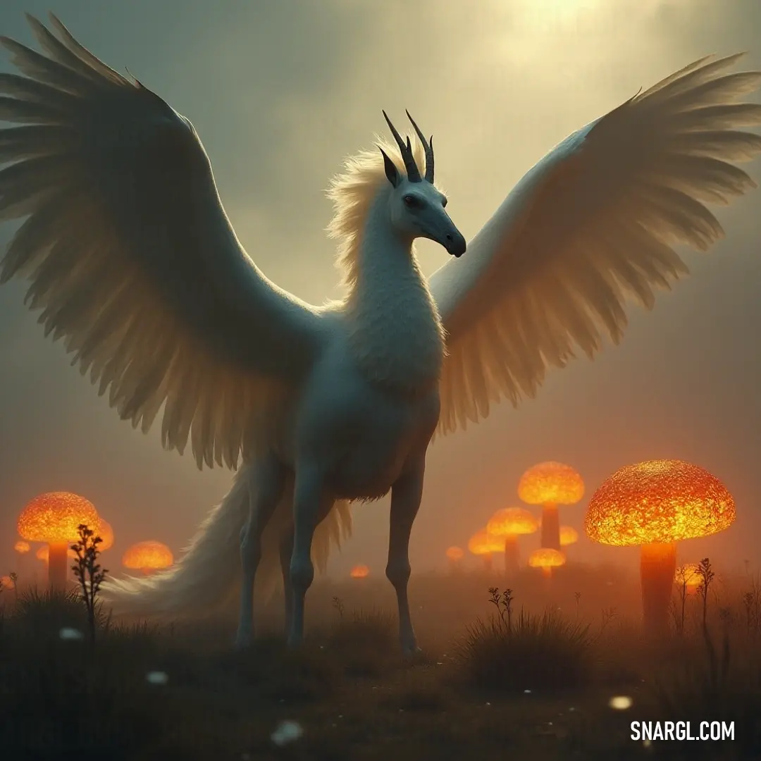 In a vibrant field dotted with glowing mushrooms, a pristine White Sunfire stands valiantly with its wings outstretched. A breathtaking sky serves as a canvas, enhancing the allure of this enchanting creature amid the whimsical illumination of the surrounding flora. In a vibrant field dotted with glowing mushrooms, a pristine White Sunfire stands valiantly with its wings outstretched. A breathtaking sky serves as a canvas, enhancing the allure of this enchanting creature amid the whimsical illumination of the surroun