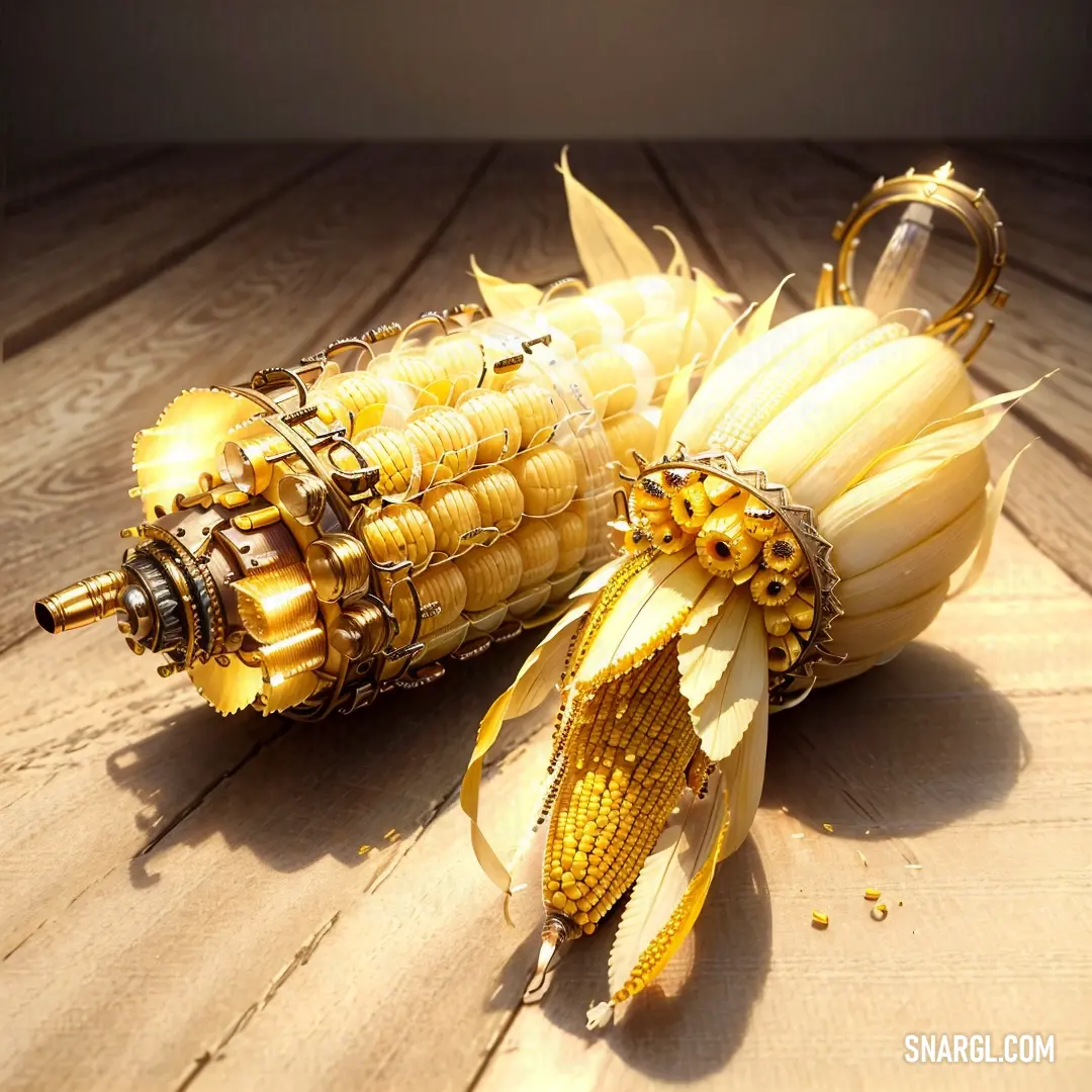 Corn cob with a flower on it on a wooden table next to a bottle of wine