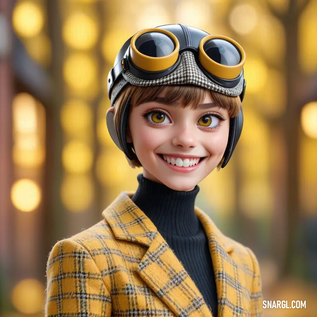 Sunglow color example: Doll with a hat and goggles on her head and a yellow jacket and black turtle neck sweater