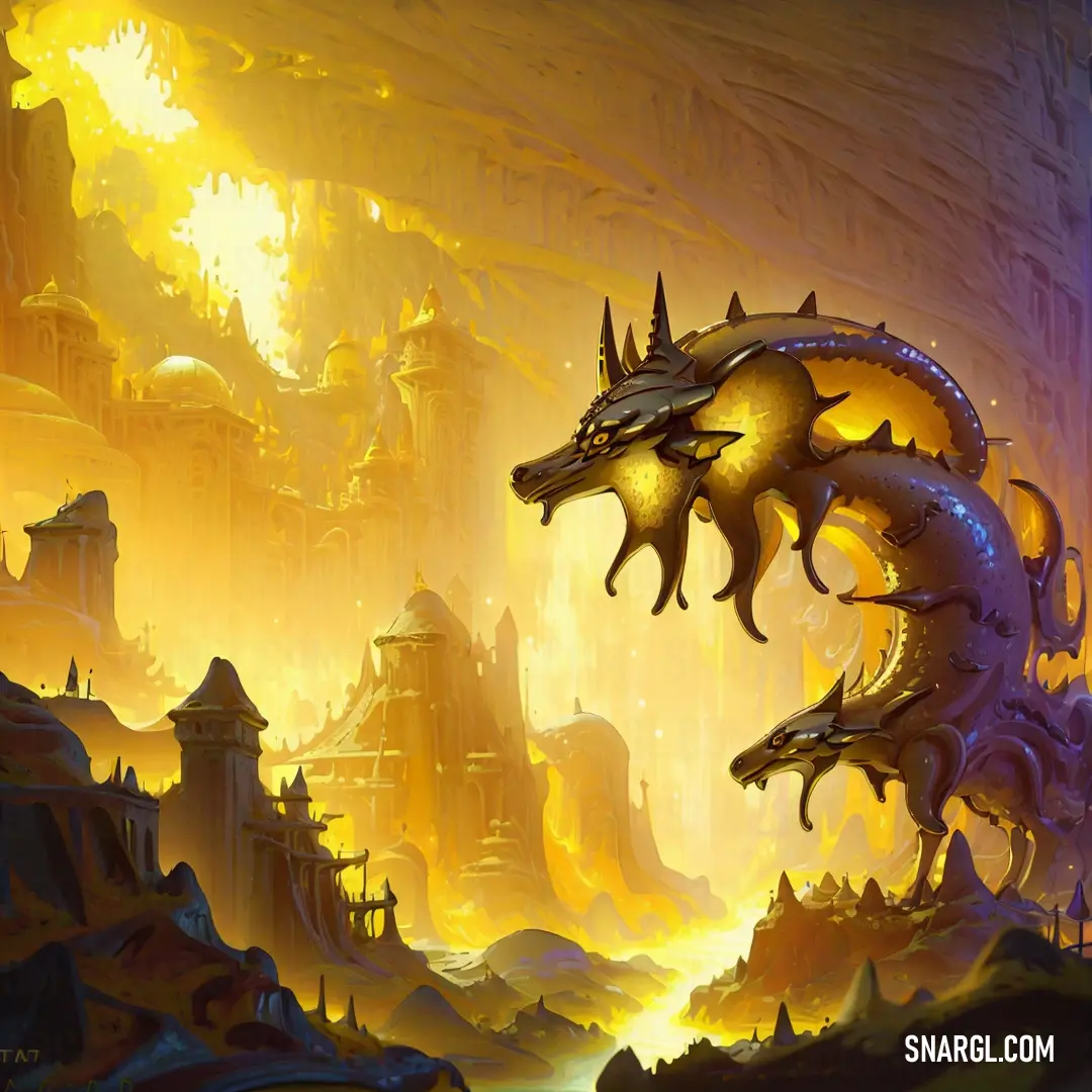 Dragon is flying over a mountain in a fantasy setting with a yellow glow coming from its eyes and head