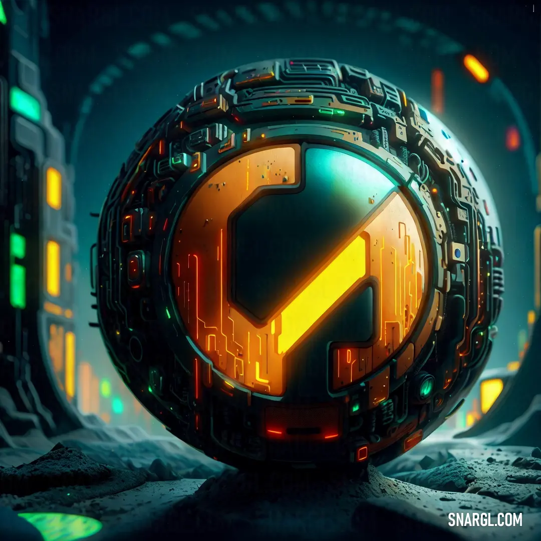 Futuristic looking object with a yellow arrow on it's centerpiece in a dark room with a neon light