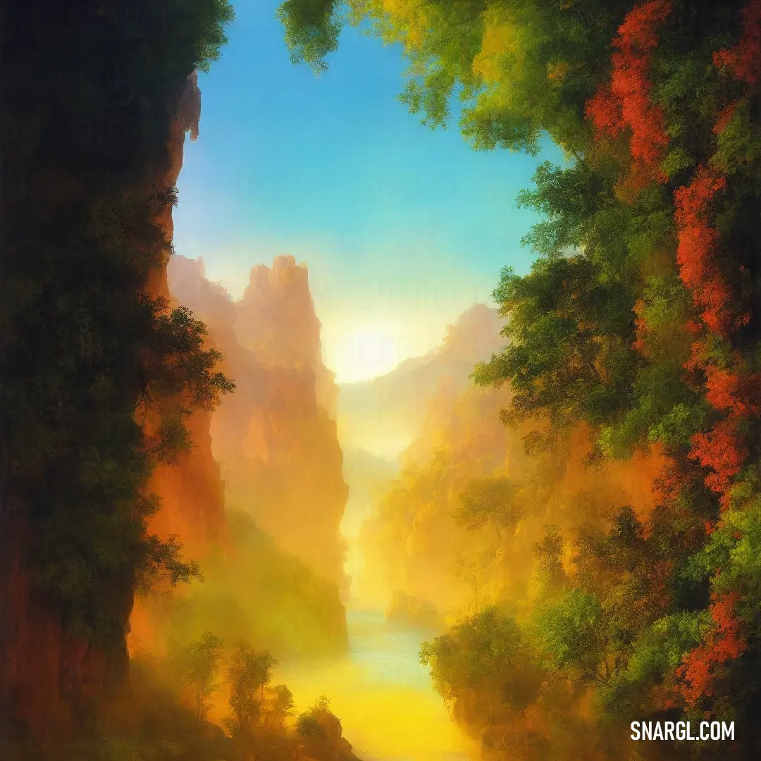 Painting of a river surrounded by trees and mountains in the background with a sun setting in the distance
