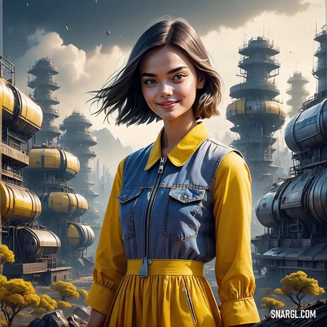 Woman in a yellow dress standing in front of a city with yellow and gray buildings and a yellow. Example of #FFCC33 color.