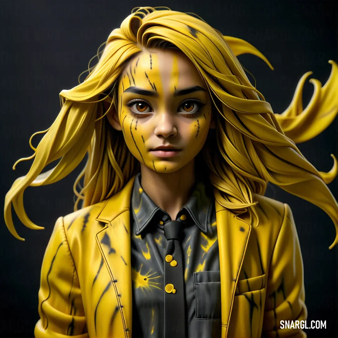 Woman with yellow hair and black shirt and yellow jacket with yellow streaks on her face and chest. Example of Sunglow color.