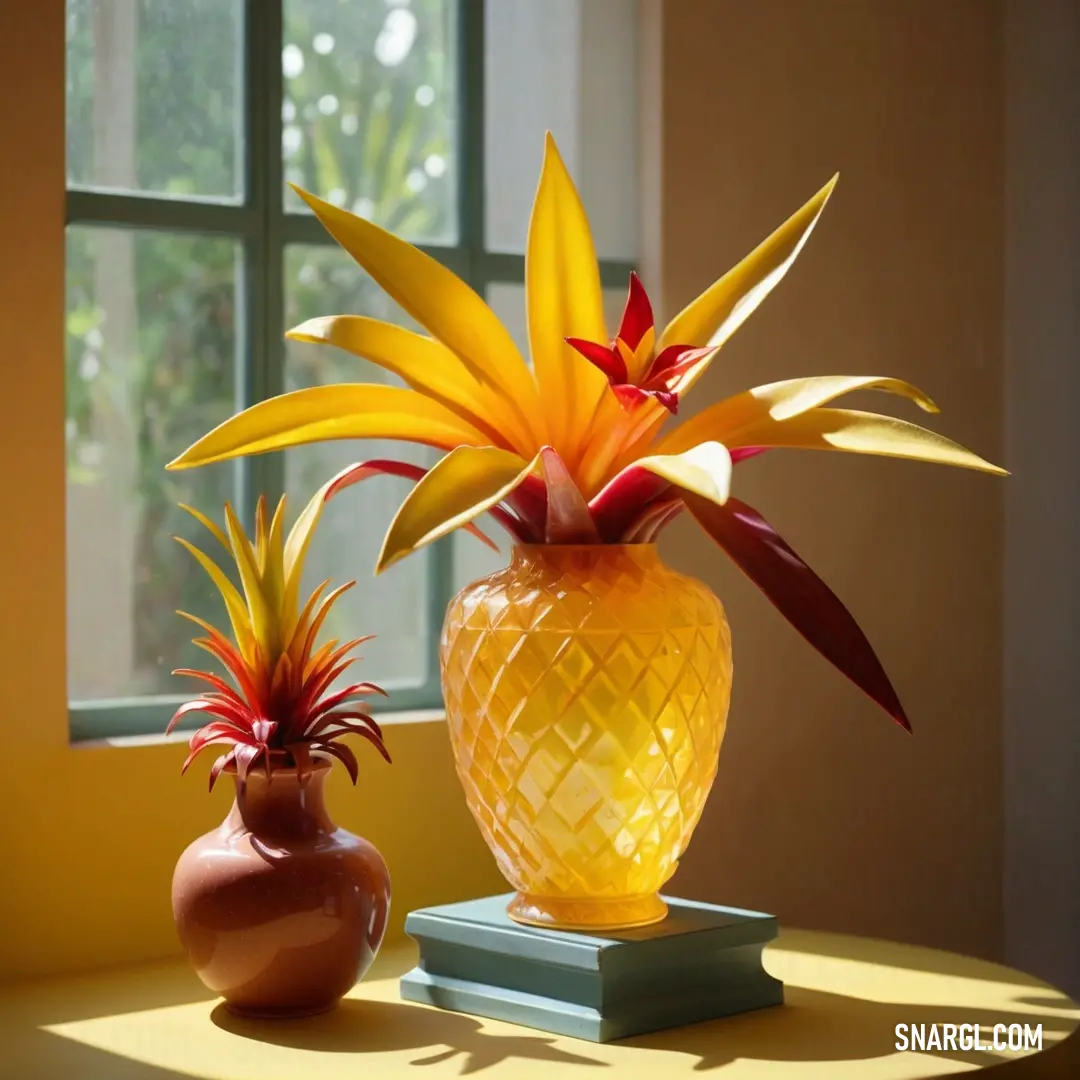 Yellow vase with a red flower and a yellow pineapple vase with red flowers on a table in front of a window. Color RGB 255,204,51.