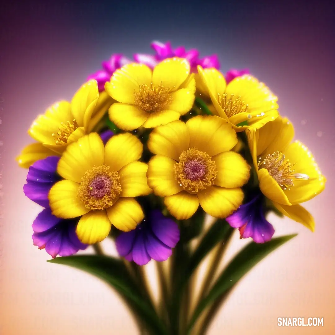 Vase filled with yellow and purple flowers on a table top with water droplets on the petals and the stems