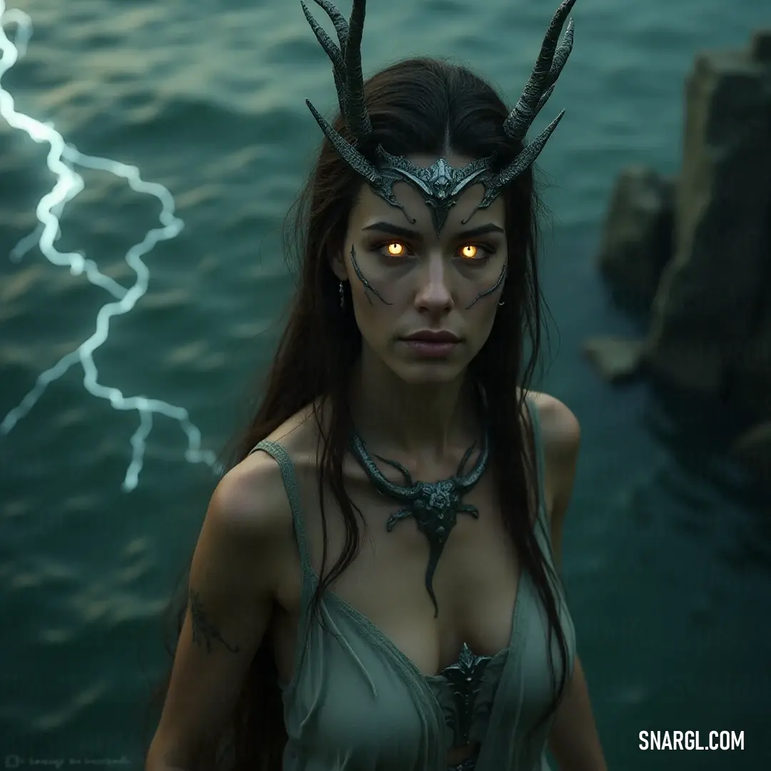 With glowing eyes and majestic horns, Sunna strikes a commanding pose before the stormy waters, her presence echoing the powerful forces of nature around her. Bathed in otherworldly light, Sunna stands dramatically before a body of water, her glowing eyes and imposing horns captivating onlookers. A tempestuous lightning storm brews in the background, adding drama to this mystical tableau.