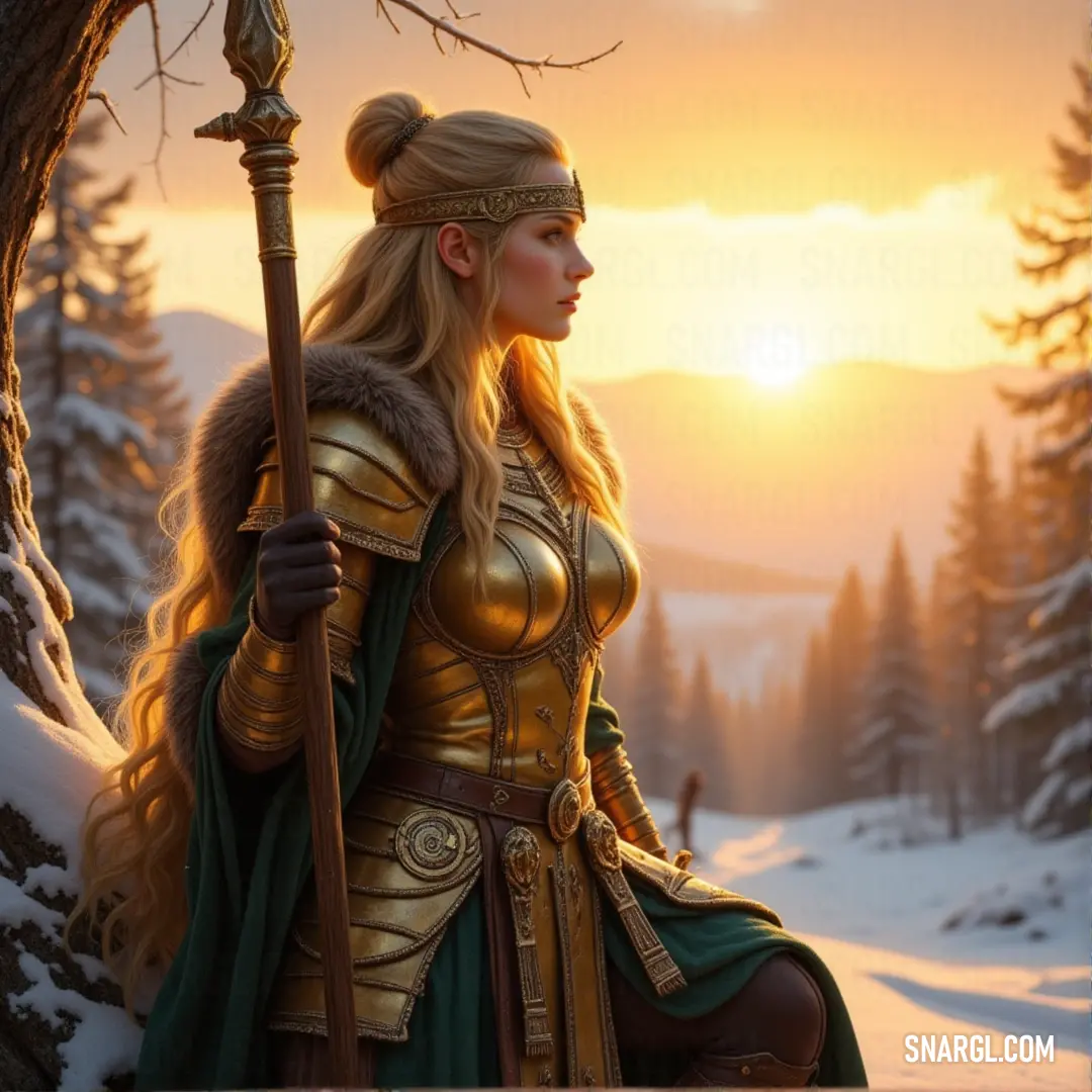 A radiant figure in a golden outfit, holding a staff as snow gently falls around her. Behind her, the setting sun casts a golden glow on the snowy landscape, adding a mystical aura to the scene.