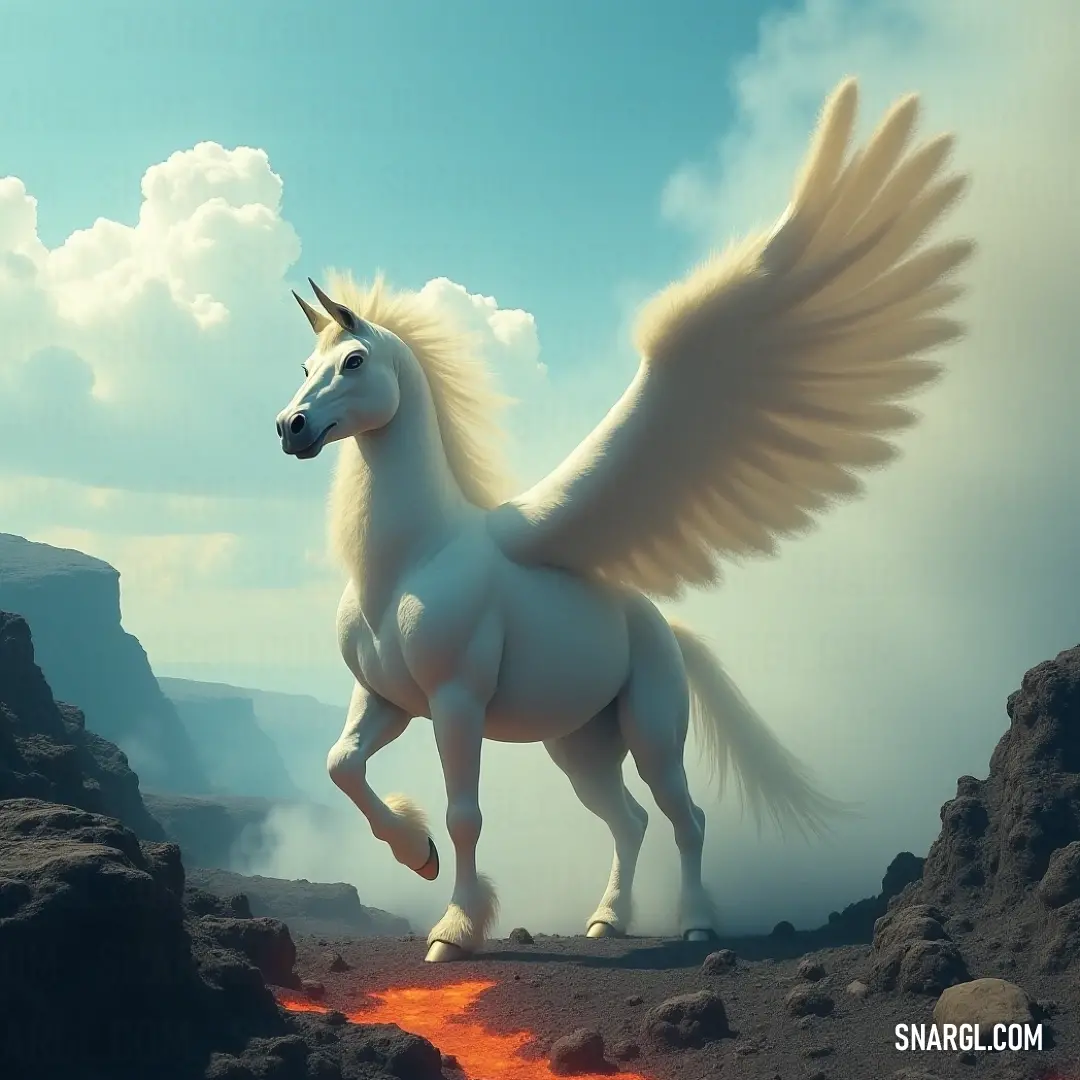A magnificent white Sunrunner with wings stands on a rocky cliff, gazing over a fiery horizon, surrounded by lava and stormy skies, exuding strength and serenity in a breathtaking, otherworldly scene. A majestic white Sunrunner with shimmering wings stands proudly on a rugged cliff, overlooking a fiery landscape with molten lava flowing beneath dark, swirling clouds. The scene is dramatic, capturing both power and grace in a mystical setting.