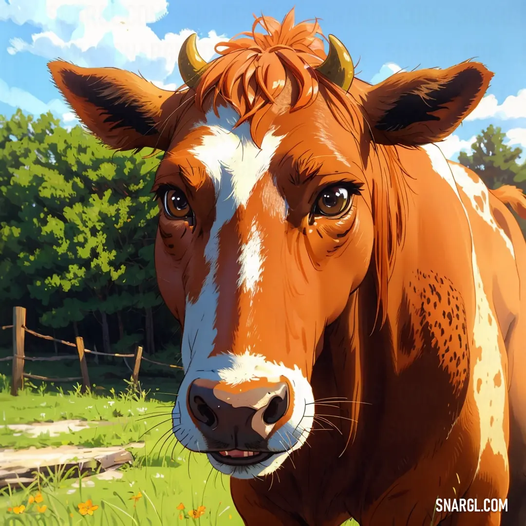 Brown and white cow standing in a field of grass and flowers with trees in the background and a fence