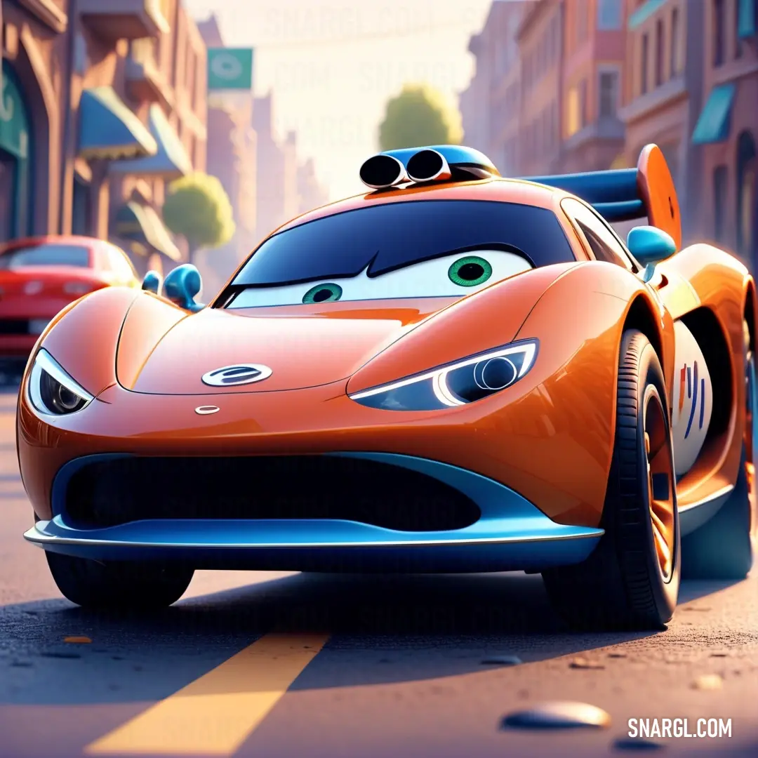 Cartoon character driving a sports car down a street in a cartoon style scene with cars behind him. Color Sunset Orange.