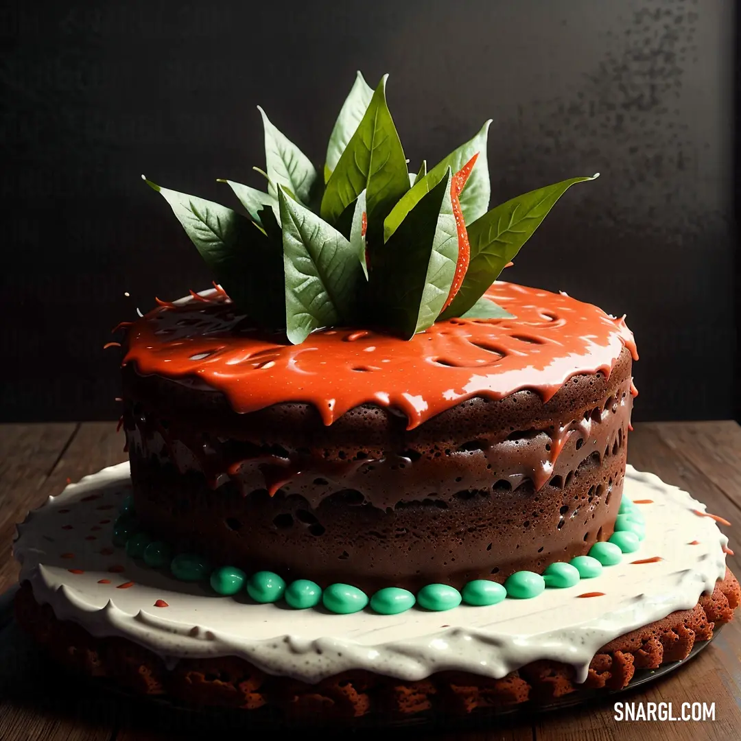 Chocolate cake with a green leaf on top of it on a wooden table with a black background and a white border
