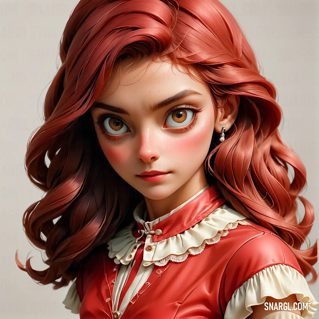 Digital painting of a girl with red hair and blue eyes wearing a red dress and earrings with a white collar. Example of Sunset Orange color.