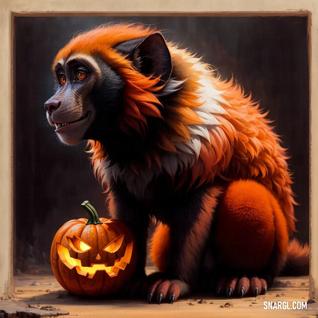 Painting of a monkey with a pumpkin in its mouth and a scary face on its chest