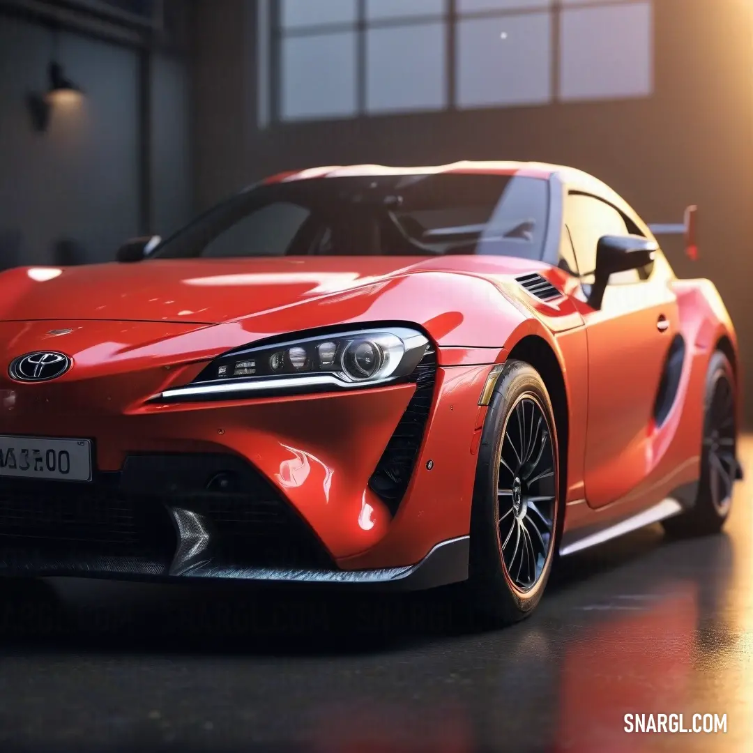 Red sports car parked in a garage next to a window with a light shining on it's side. Color Sunset Orange.