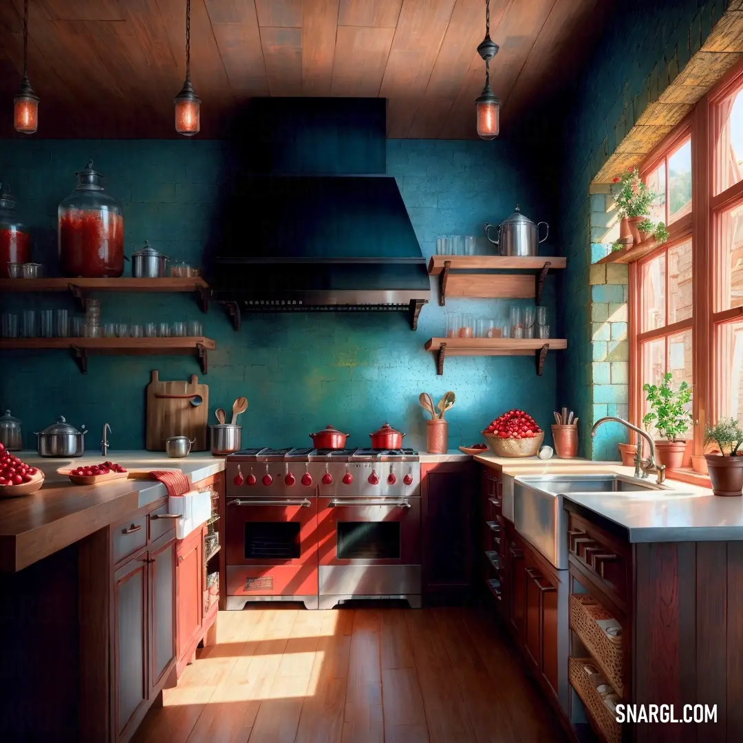 Kitchen with a stove, sink. Color Sunset Orange.