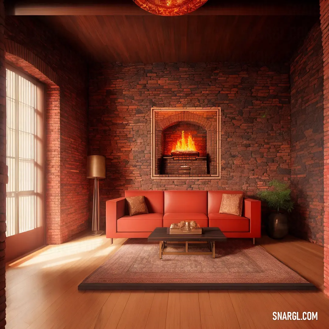 Living room with a red couch and a fireplace in the wall and a rug on the floor. Example of RGB 253,94,83 color.