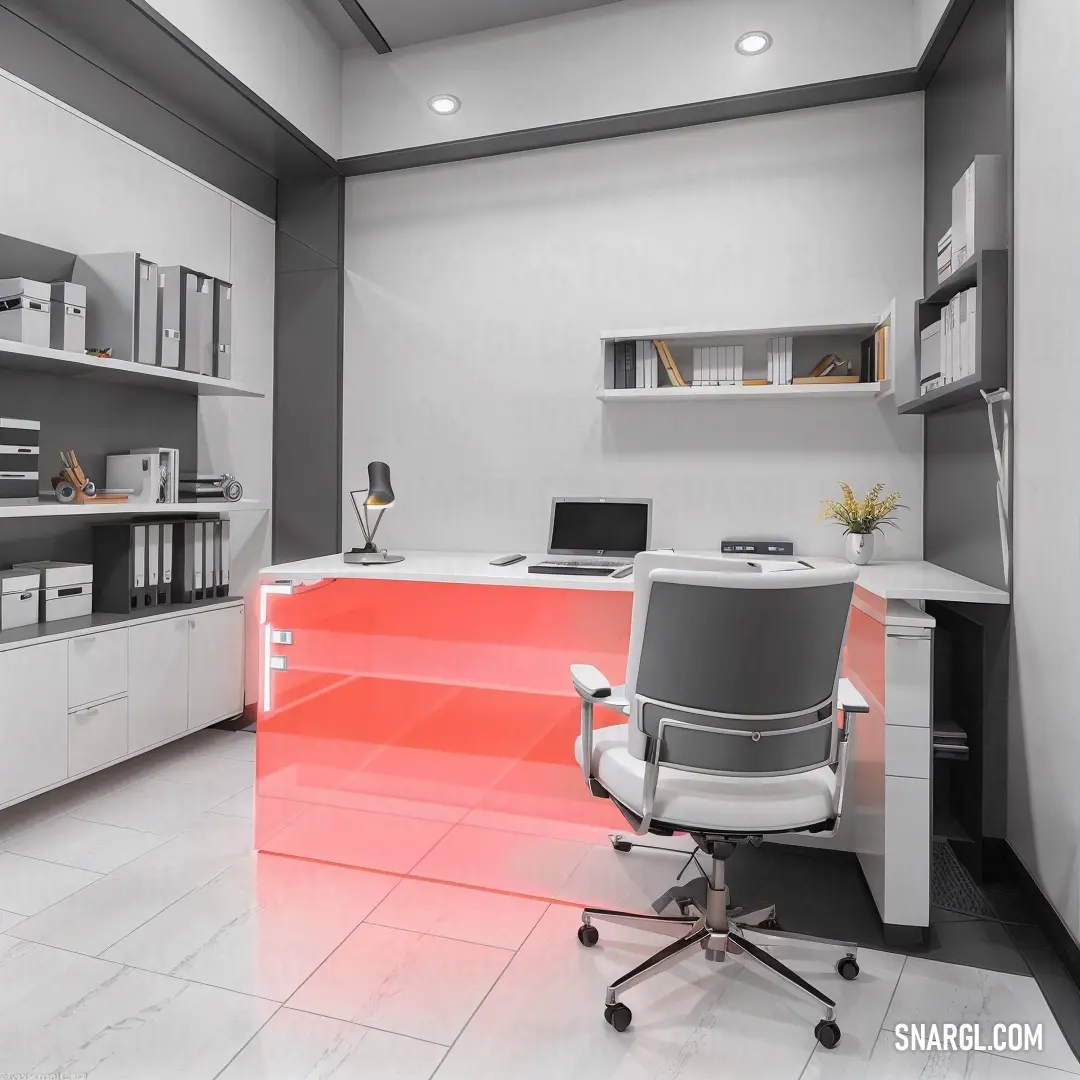 Modern office with a desk and a chair with a red and orange design on the back of it. Example of CMYK 0,63,67,1 color.