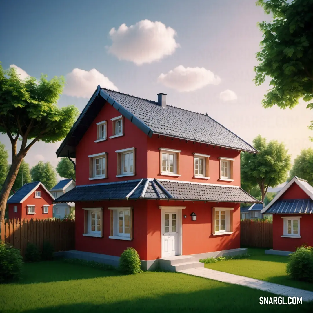 Red house with a black roof and a white door and windows and a green lawn and trees and a fence. Color Sunset Orange.