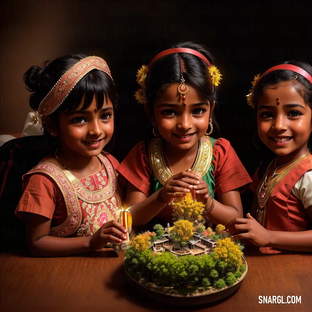 Three girls are standing next to a cake with candles on it and a cake with flowers on it is surrounded by greenery